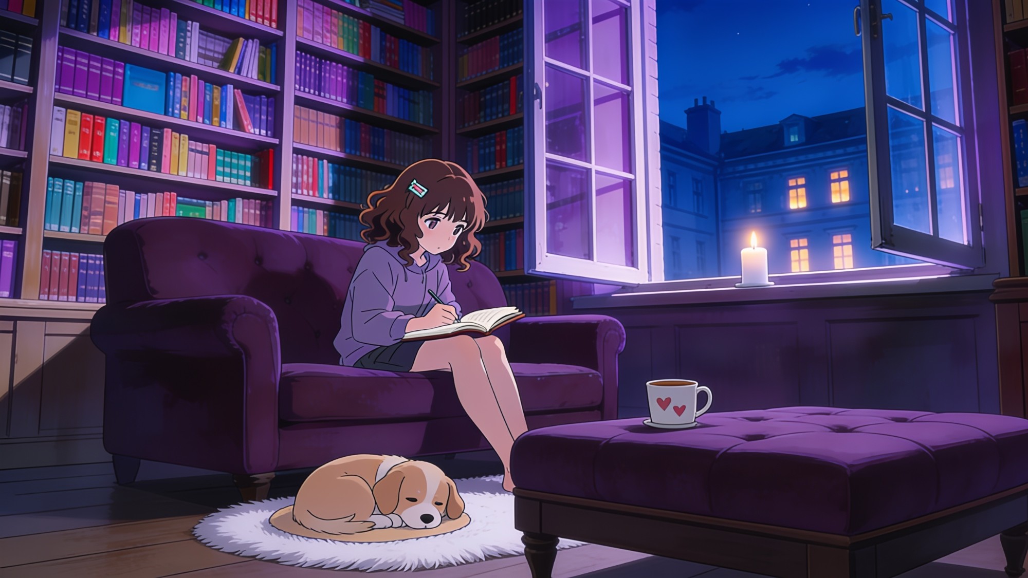 Study Cue animated lofi study wallpaper showing anime girl reading with sleeping puppy and bookshelves